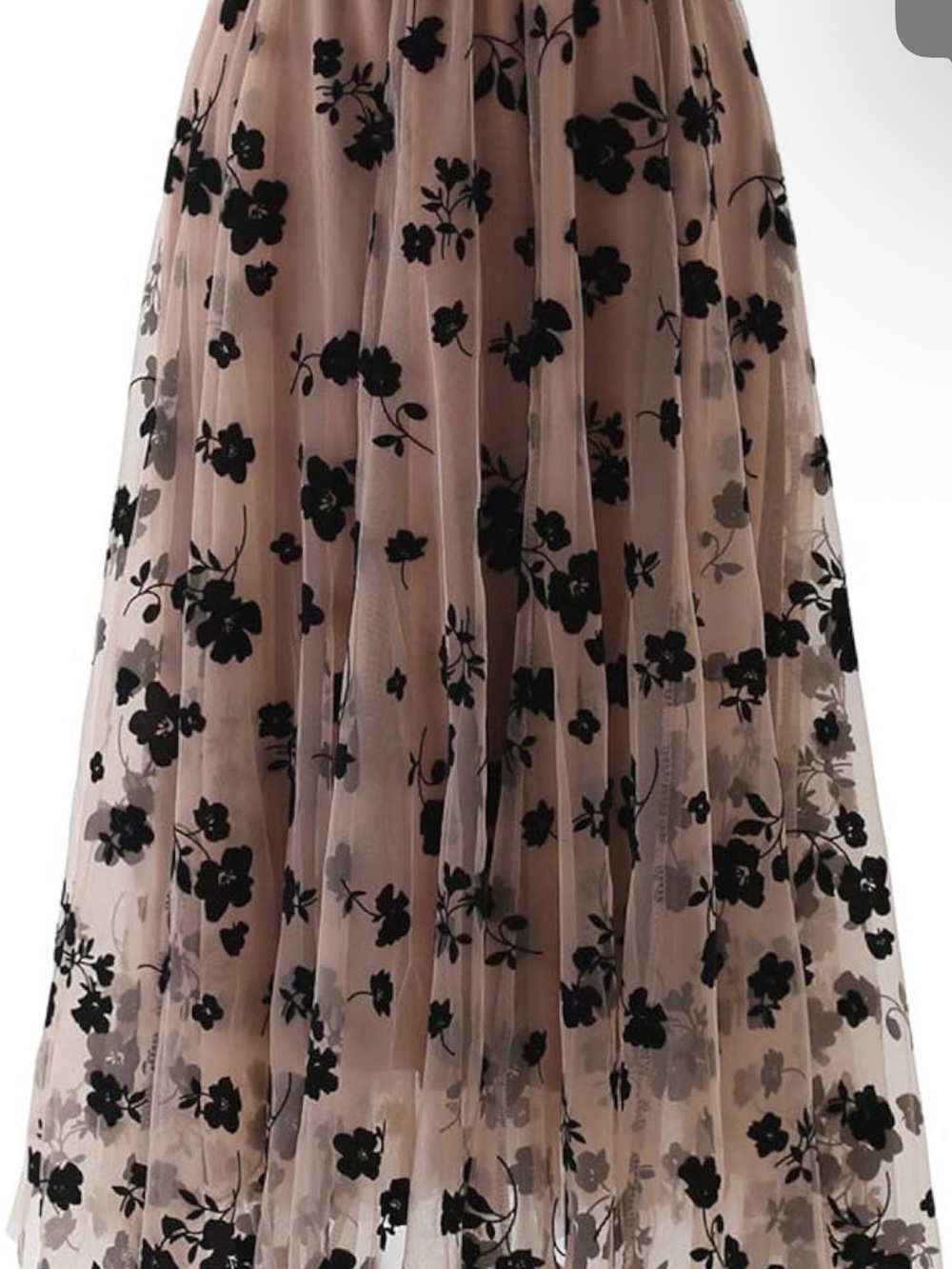 Chicwish Nude Midi Skirt with Black Floral Appliqué